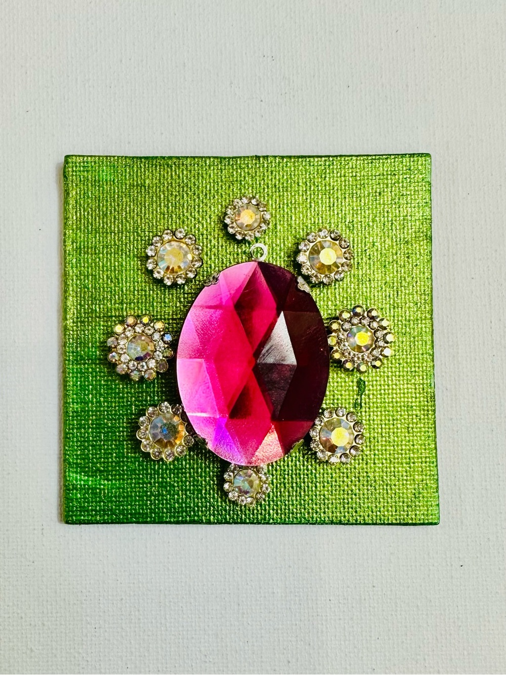 Handmade Pink Jewel Magnet | Mixed Media Rhinestone Art | 3x3”